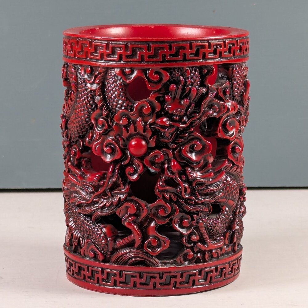 Vintage High Relief Chinese Cinnabar Lacquer Style Brush Pot Carved Dragons